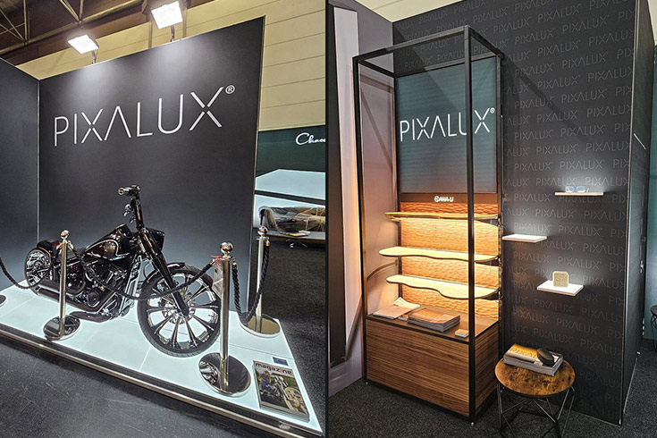 Detailansichten des PIXALUX-Messestands mit beleuchteter Motorradpräsentation und hochwertig inszenierter Produktvitrine.